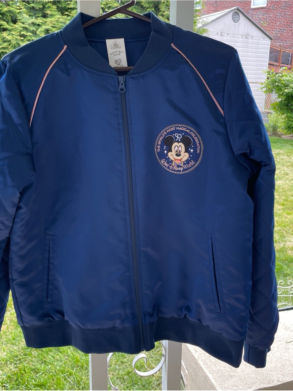 NWT Walt Disney World 50th Anniversary Celebration Castle Satin Bomber Jacket L